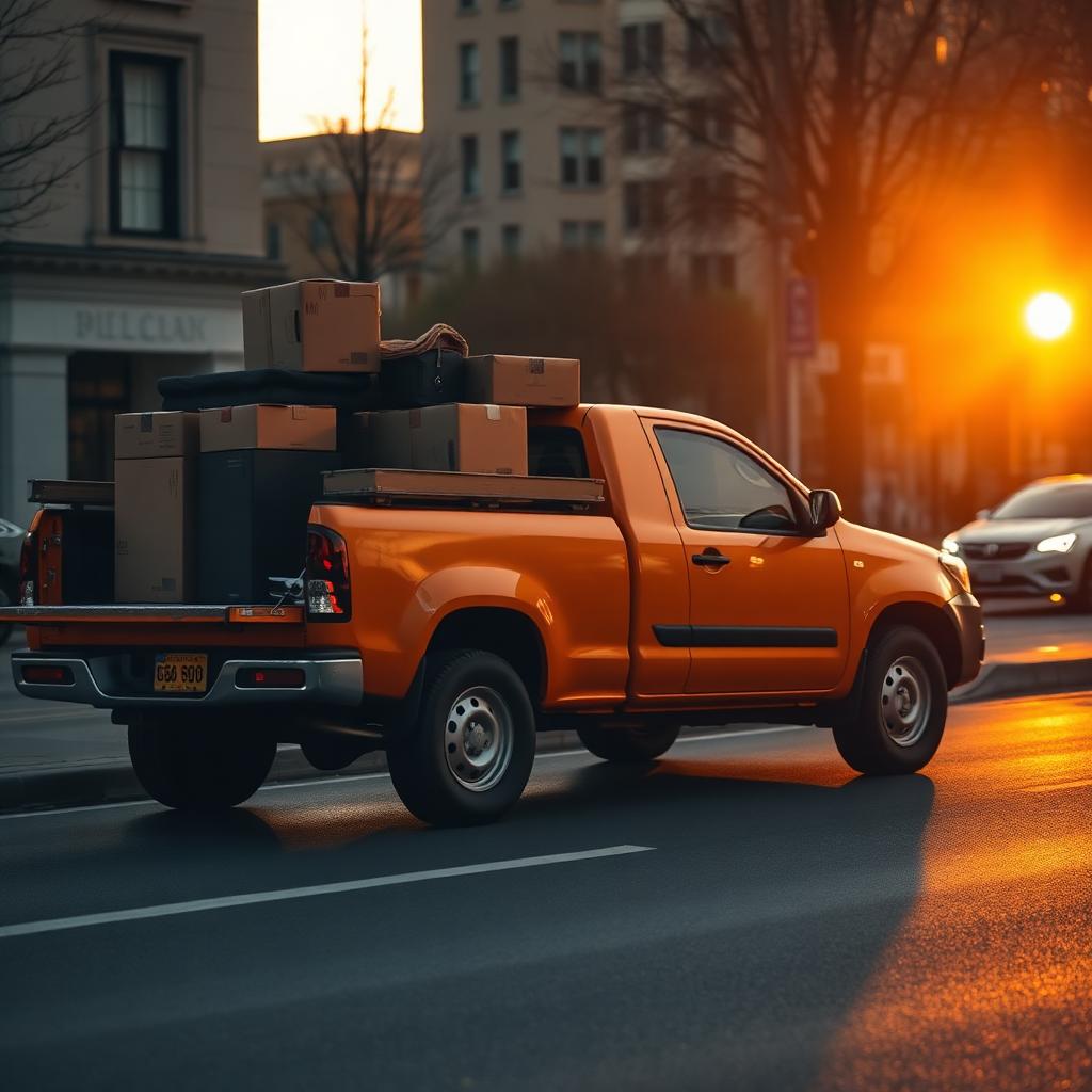 Pickup truck loaded with moving boxes on a city street at sunset